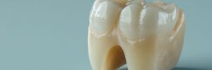 Closeup of a dental implant featuring a porcelain crown